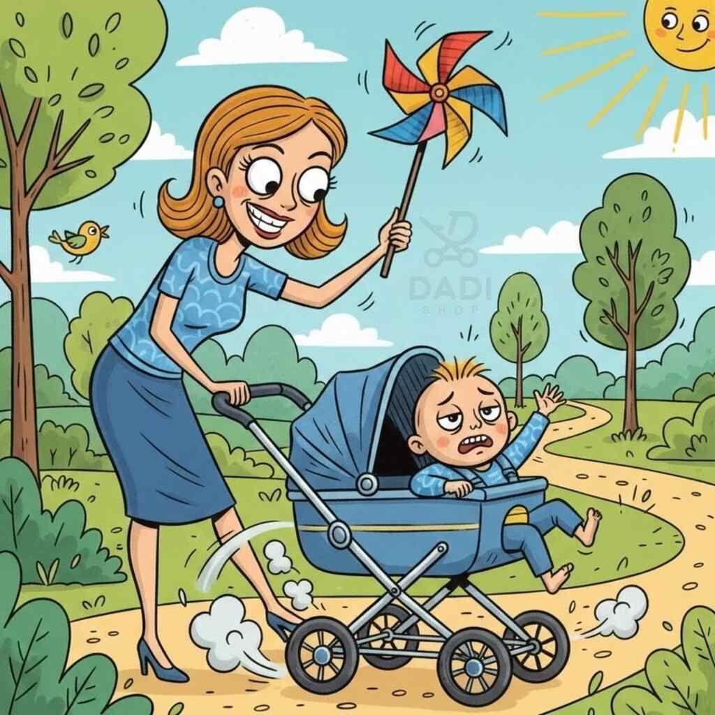 Mama używa kolorowego wiatraczka, by odwrócić uwagę płaczącego dziecka w wózku. Skuteczny trik na spokojny spacer.